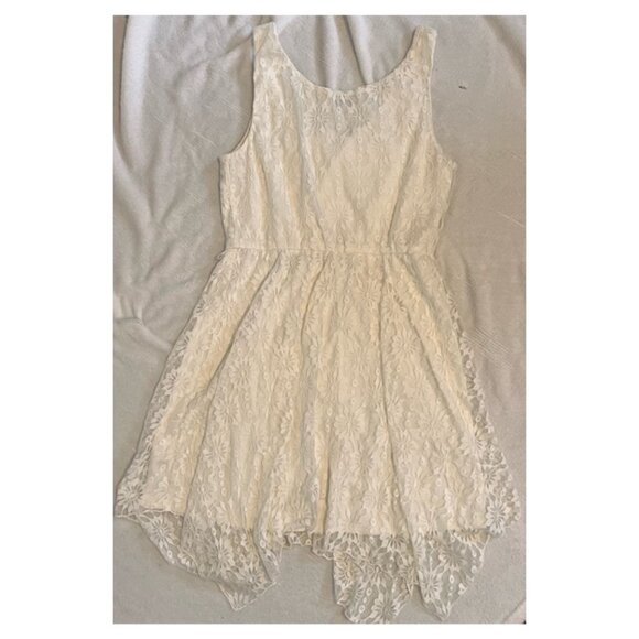 A.U.W Ivory Floral Lace Handkerchief Hem Dress Boho Bridal Shower Fit Flare M - Picture 4 of 7